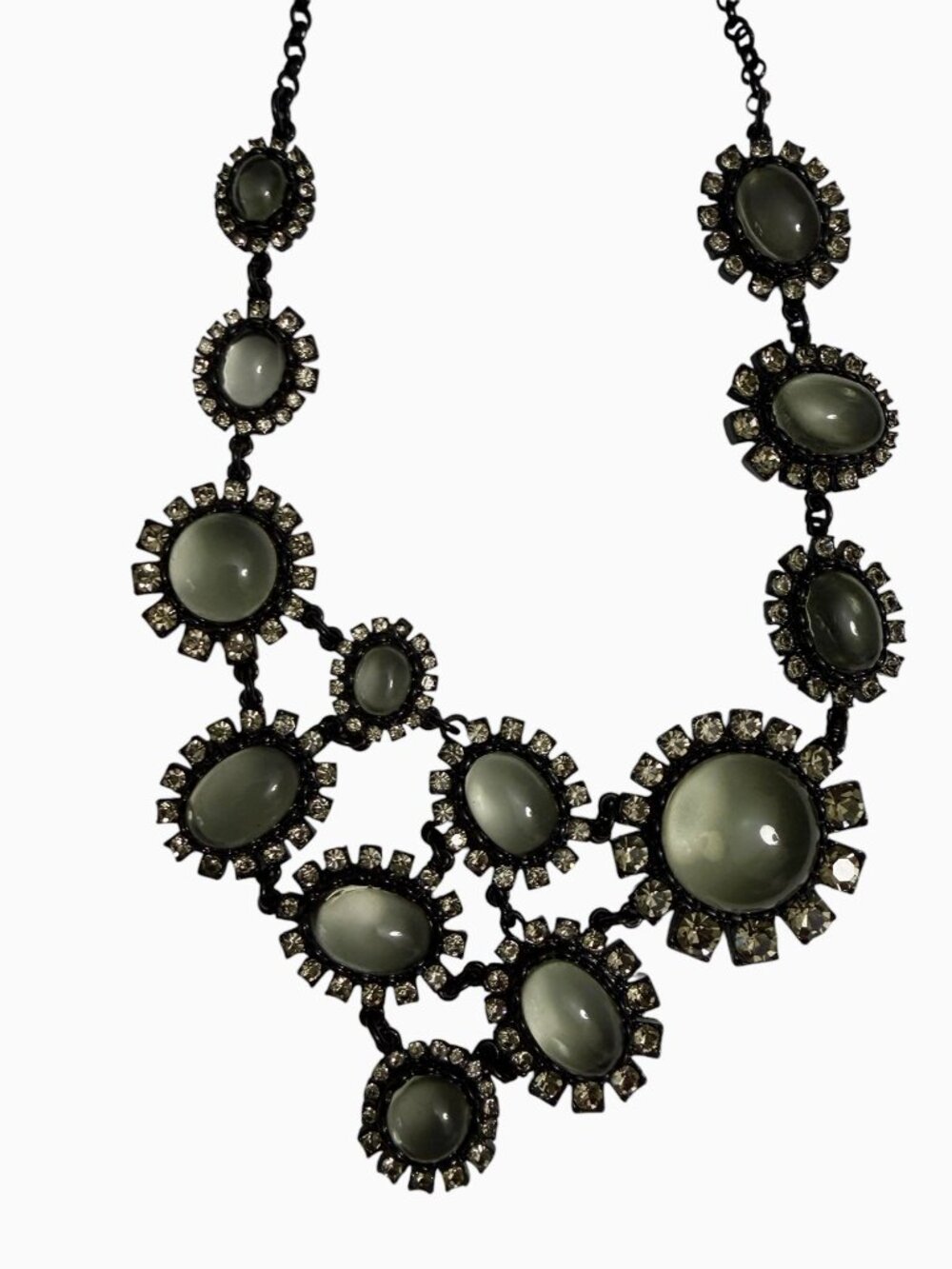 J. Crew Statement Necklace Grayish Green Crystal Black Chain Adjustable Length